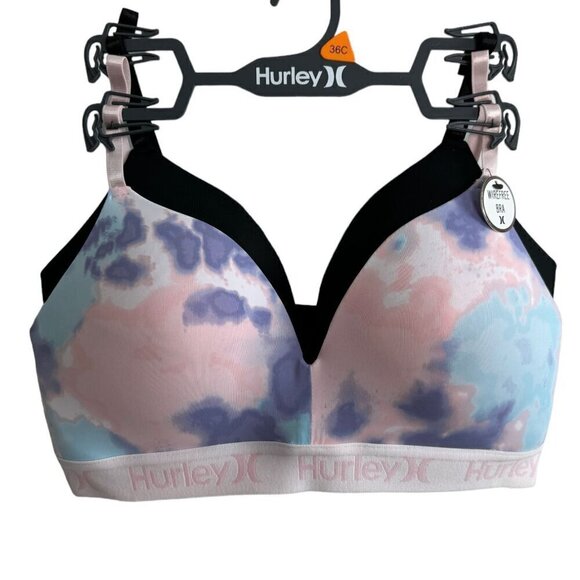 HURLEY NWT 2 Piece Tie Dye Lightly Padded Comfort Bra Pink and Black Women's 36C - Picture 2 of 9
